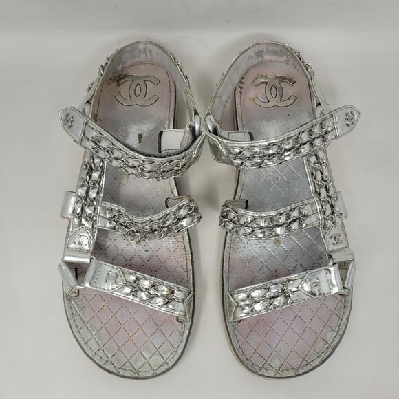 CHANEL Sandals IT39.5 US9.5 Silver Leather Flat Chain Coco Mark Sport 2002 Logo - Picture 4 of 16